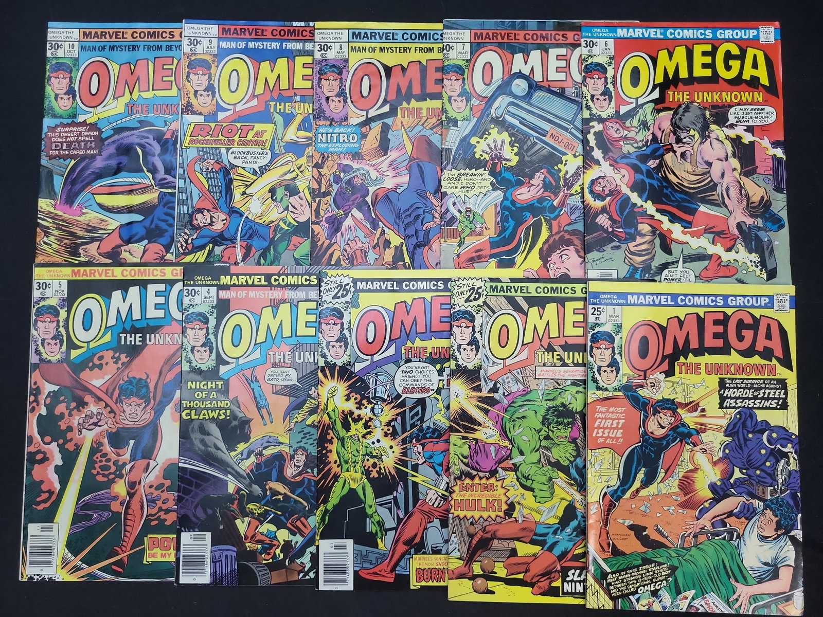 I04005 | Omega the Unknown Marvel Comic Books: IMPORTANT â€“ PLEASE REVIEW BEFORE BIDDING: Aeron House makes every effort to accurately identify and describe each lot; however, titles and descriptions may contain errors, omissions, or AI-a