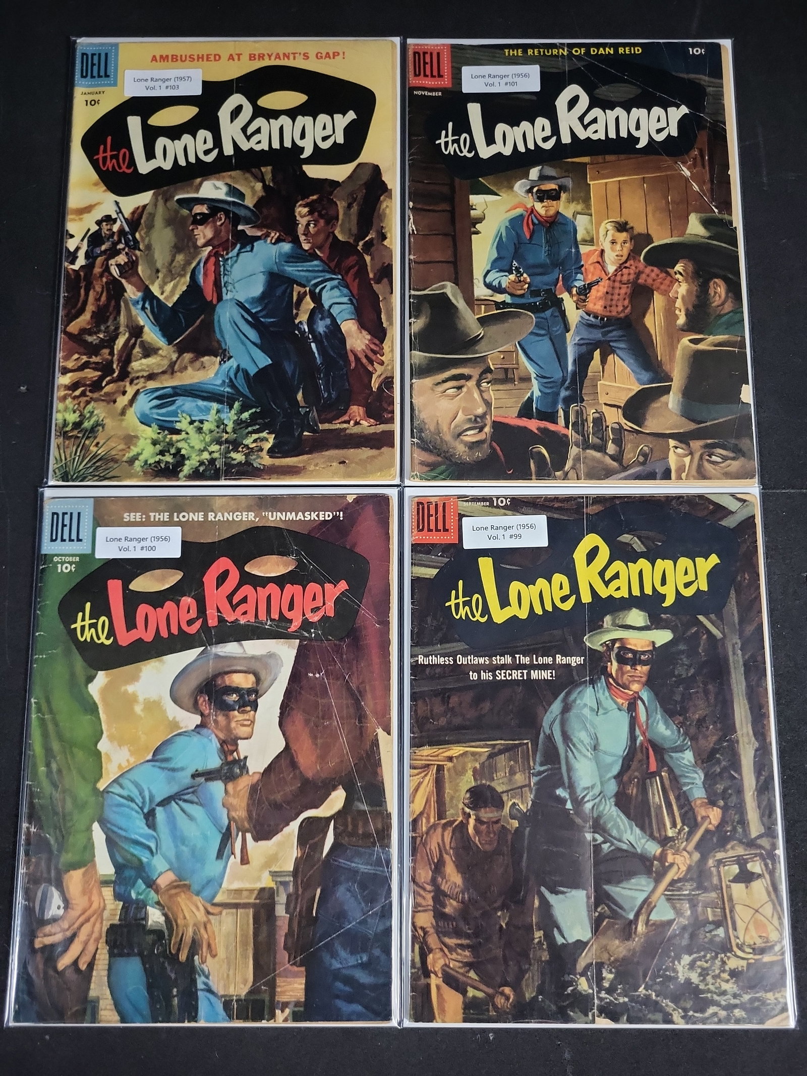 I04785 | Group of four Lone Ranger Dell Comics: IMPORTANT â€“ PLEASE REVIEW BEFORE BIDDING: Aeron House makes every effort to accurately identify and describe each lot; however, titles and descriptions may contain errors, omissions, or AI-a