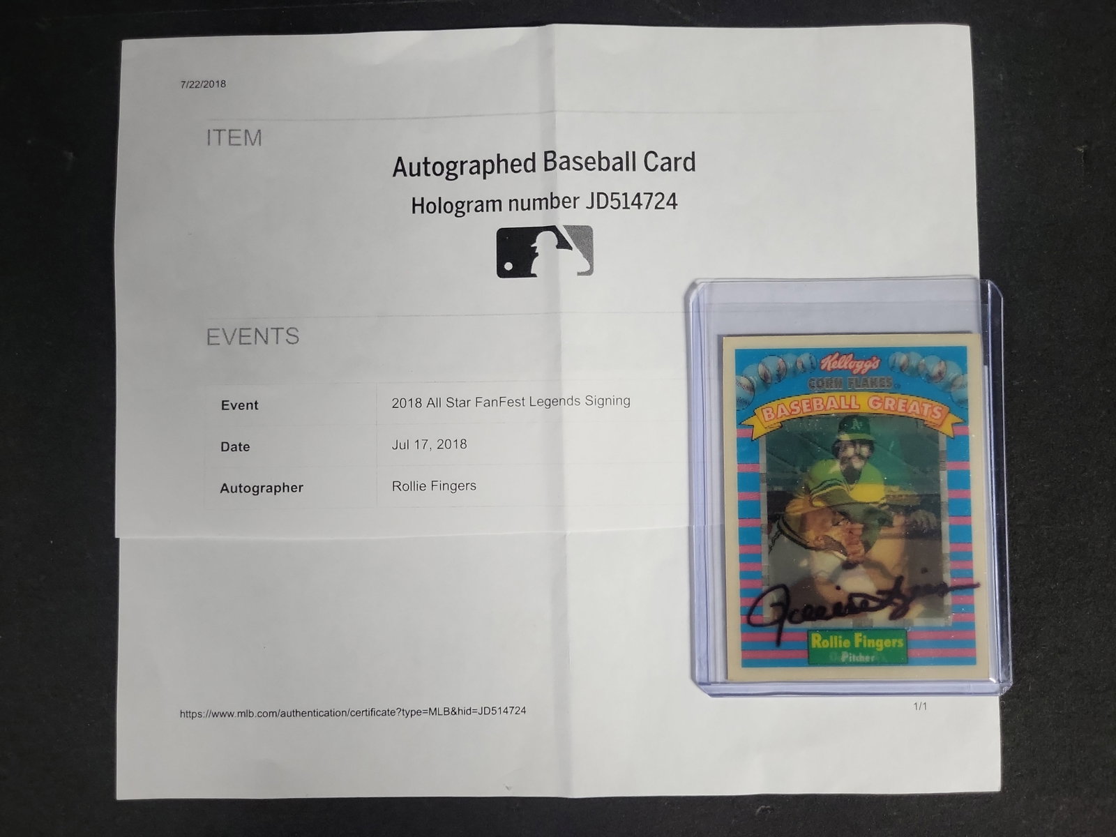I04215 | Autographed Rollie Fingers Kellogg's Card: IMPORTANT â€“ PLEASE REVIEW BEFORE BIDDING: Aeron House makes every effort to accurately identify and describe each lot; however, titles and descriptions may contain errors, omissions, or AI-a