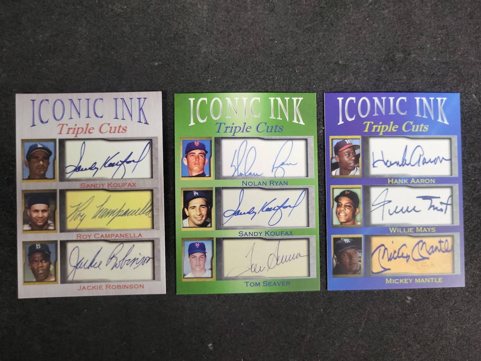 I03588 | A Trio of Iconic Ink Triple Cuts Limited Edition Facsimile Autograph Baseball Cards: IMPORTANT â€“ PLEASE REVIEW BEFORE BIDDING: Aeron House makes every effort to accurately identify and describe each lot; however, titles and descriptions may contain errors, omissions, or AI-a