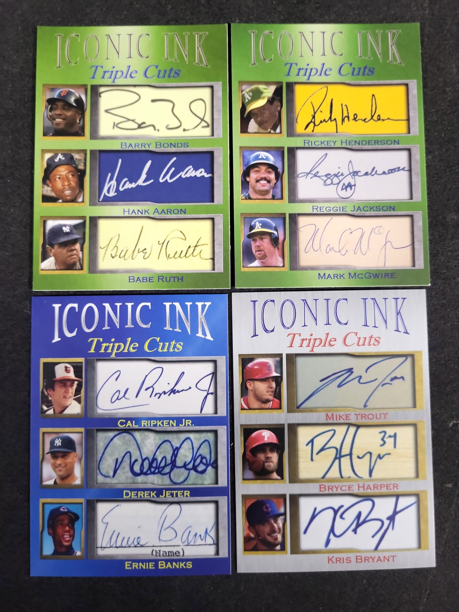 I03590 | A Set of Four Iconic Ink Triple Cuts Baseball Trading Cards with Facsimile Autographs: IMPORTANT â€“ PLEASE REVIEW BEFORE BIDDING: Aeron House makes every effort to accurately identify and describe each lot; however, titles and descriptions may contain errors, omissions, or AI-a
