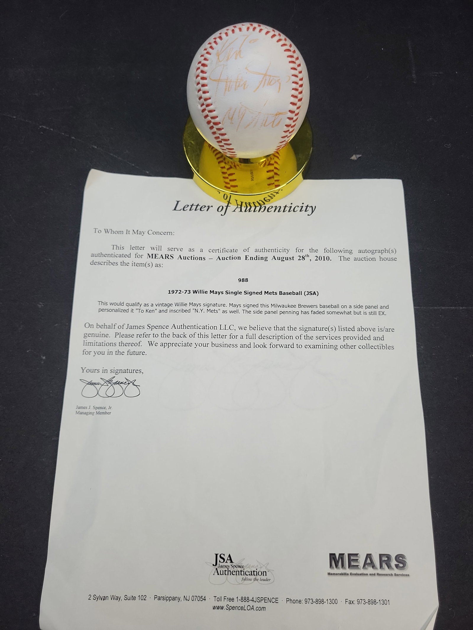 I04155 | Willie Mays Signed Mets Baseball JSA: IMPORTANT â€“ PLEASE REVIEW BEFORE BIDDING: Aeron House makes every effort to accurately identify and describe each lot; however, titles and descriptions may contain errors, omissions, or AI-a