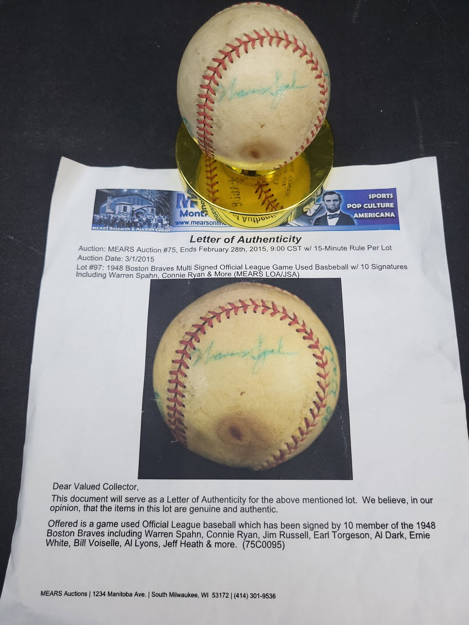 I04157 | Multi-Signed 1948 Boston Braves Baseball JSA: IMPORTANT â€“ PLEASE REVIEW BEFORE BIDDING: Aeron House makes every effort to accurately identify and describe each lot; however, titles and descriptions may contain errors, omissions, or AI-a