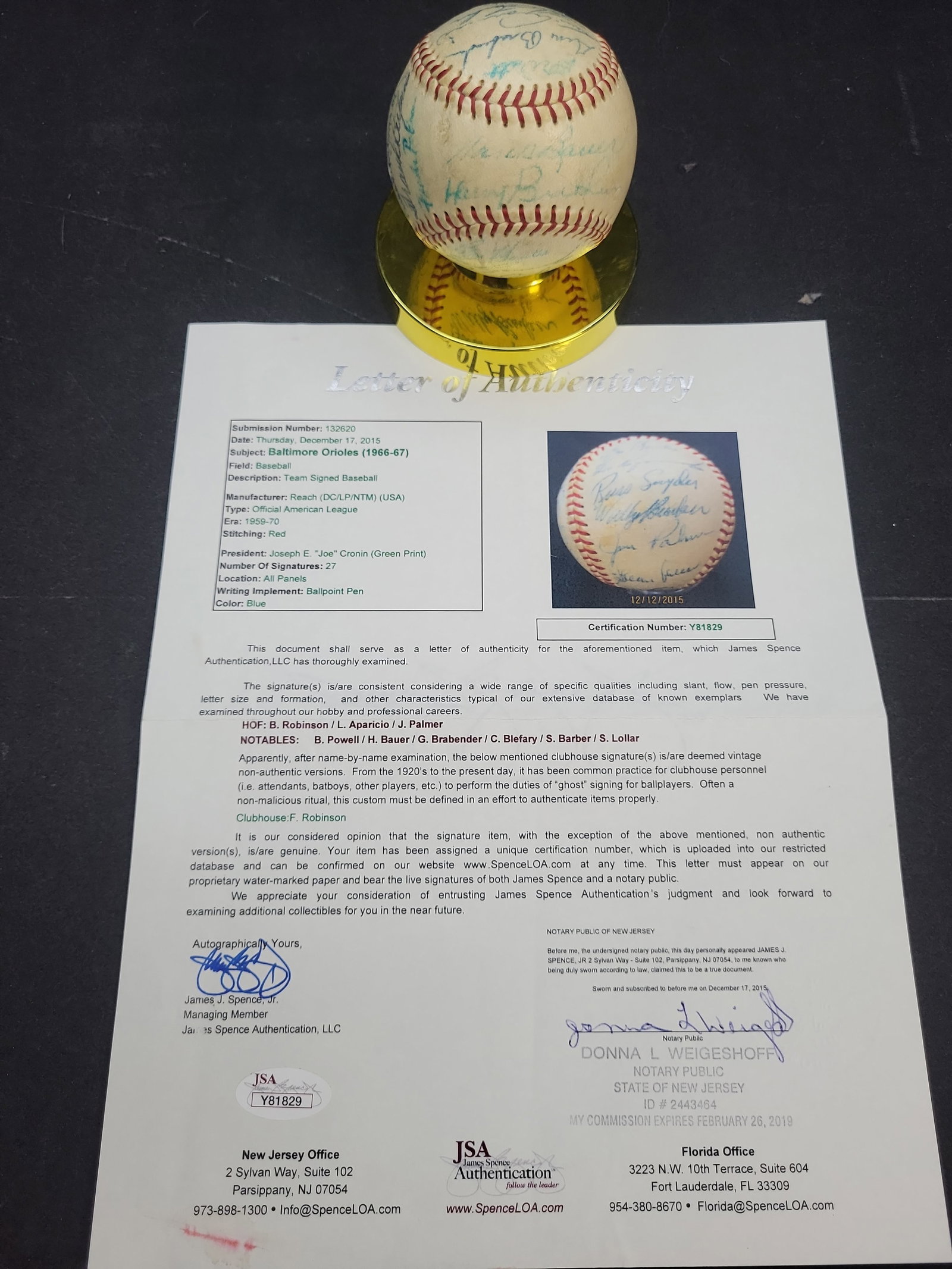 I04158 | Signed 1966-67 Baltimore Orioles Baseball JSA: IMPORTANT â€“ PLEASE REVIEW BEFORE BIDDING: Aeron House makes every effort to accurately identify and describe each lot; however, titles and descriptions may contain errors, omissions, or AI-a
