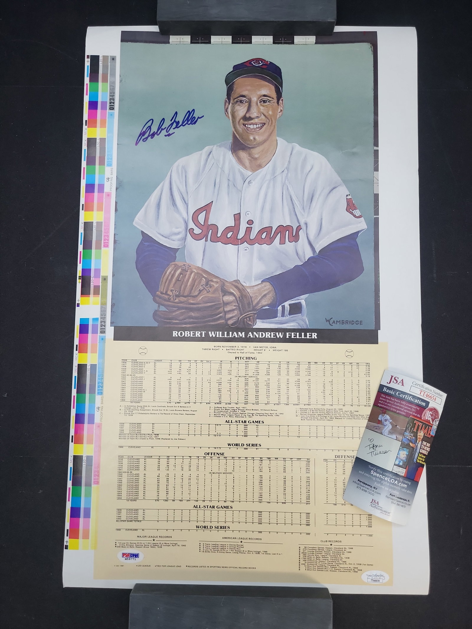 I04171 | Signed Bob Feller Printer's Proof JSA & PSA/DNA: IMPORTANT â€“ PLEASE REVIEW BEFORE BIDDING: Aeron House makes every effort to accurately identify and describe each lot; however, titles and descriptions may contain errors, omissions, or AI-a