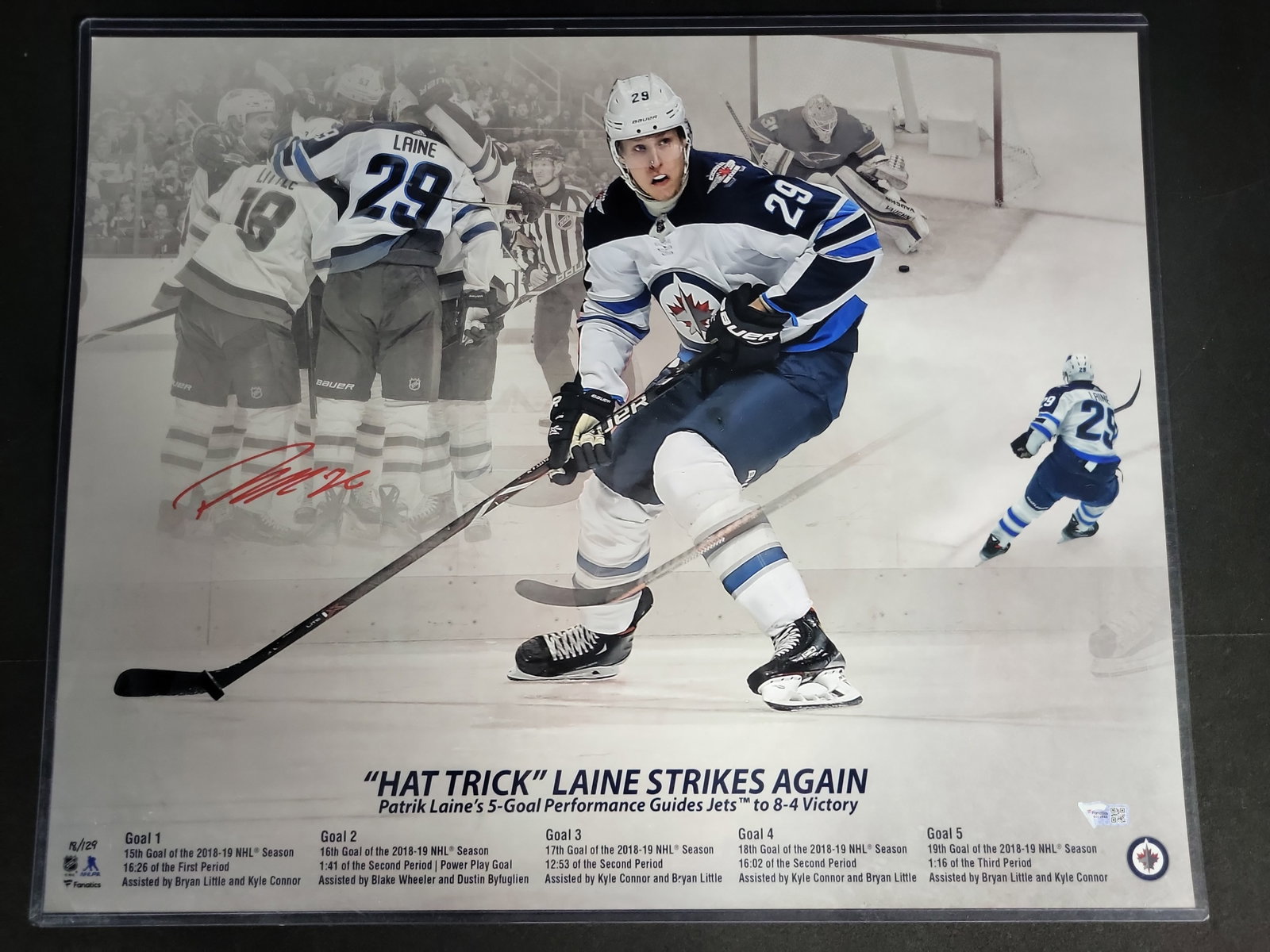 I04382 | Signed Patrik Laine 5-Goal Photograph: IMPORTANT â€“ PLEASE REVIEW BEFORE BIDDING: Aeron House makes every effort to accurately identify and describe each lot; however, titles and descriptions may contain errors, omissions, or AI-a