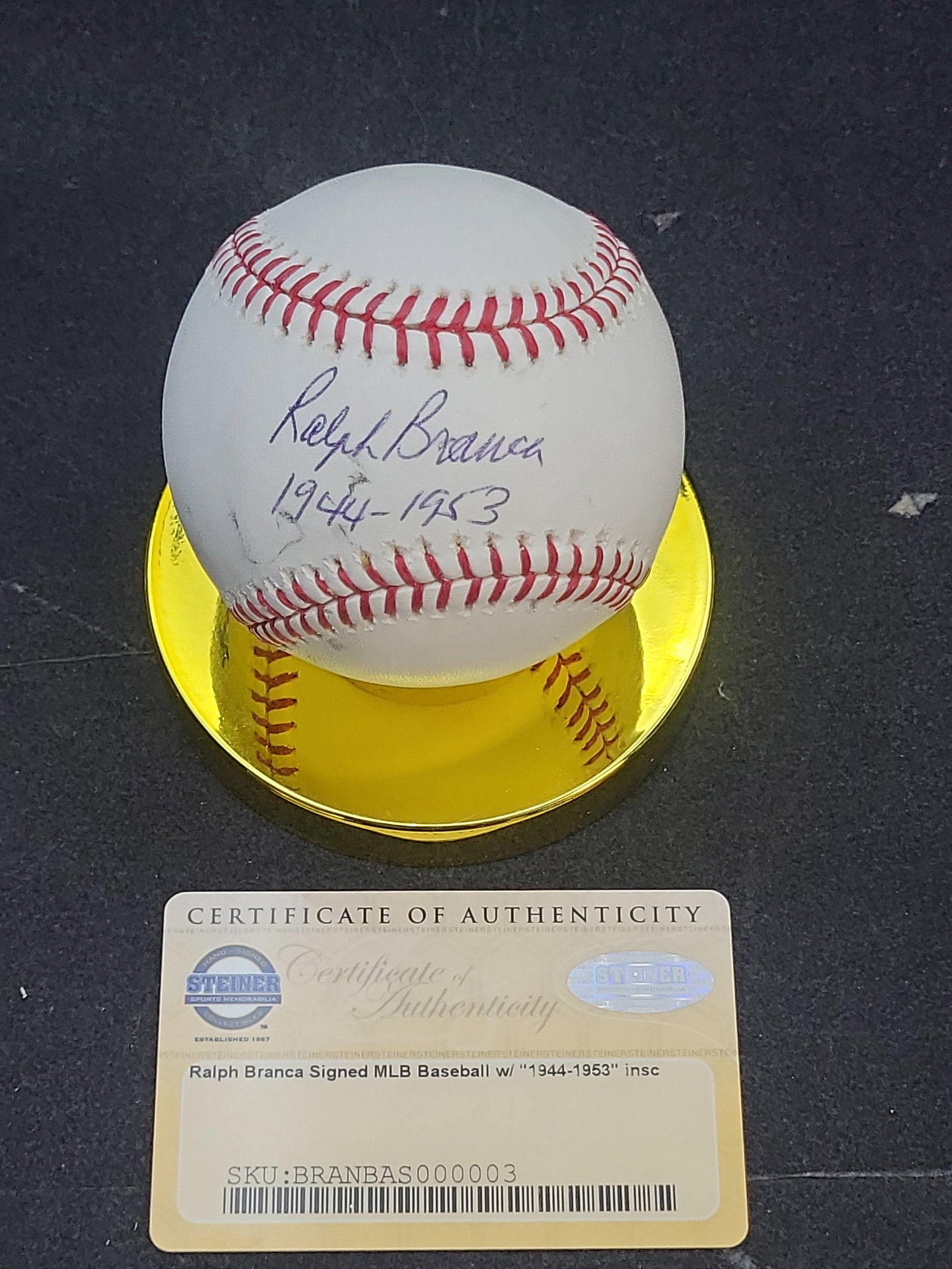 I04163 | Ralph Branca Signed Rawlings Baseball Steiner: IMPORTANT â€“ PLEASE REVIEW BEFORE BIDDING: Aeron House makes every effort to accurately identify and describe each lot; however, titles and descriptions may contain errors, omissions, or AI-a
