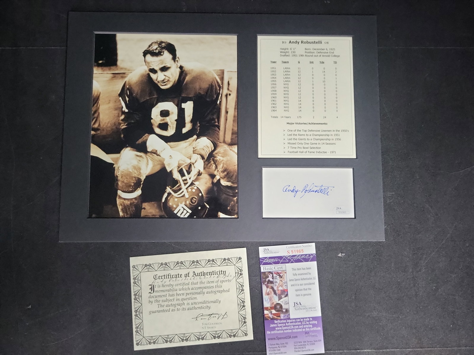 I04337 | Andy Robustelli Signed Giants Display JSA: IMPORTANT â€“ PLEASE REVIEW BEFORE BIDDING: Aeron House makes every effort to accurately identify and describe each lot; however, titles and descriptions may contain errors, omissions, or AI-a