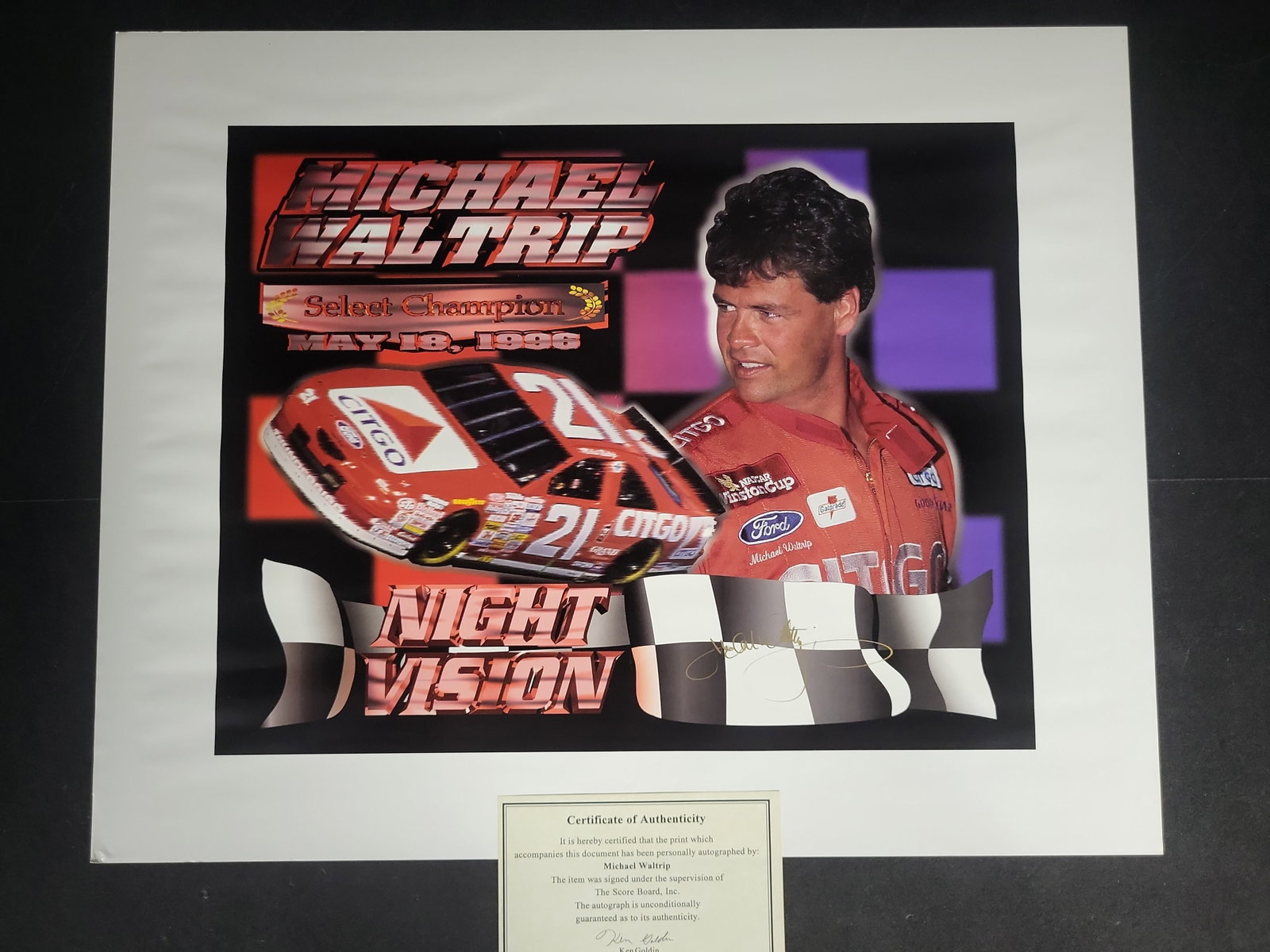 I04379 | Michael Waltrip Signed Night Vision Print: IMPORTANT â€“ PLEASE REVIEW BEFORE BIDDING: Aeron House makes every effort to accurately identify and describe each lot; however, titles and descriptions may contain errors, omissions, or AI-a