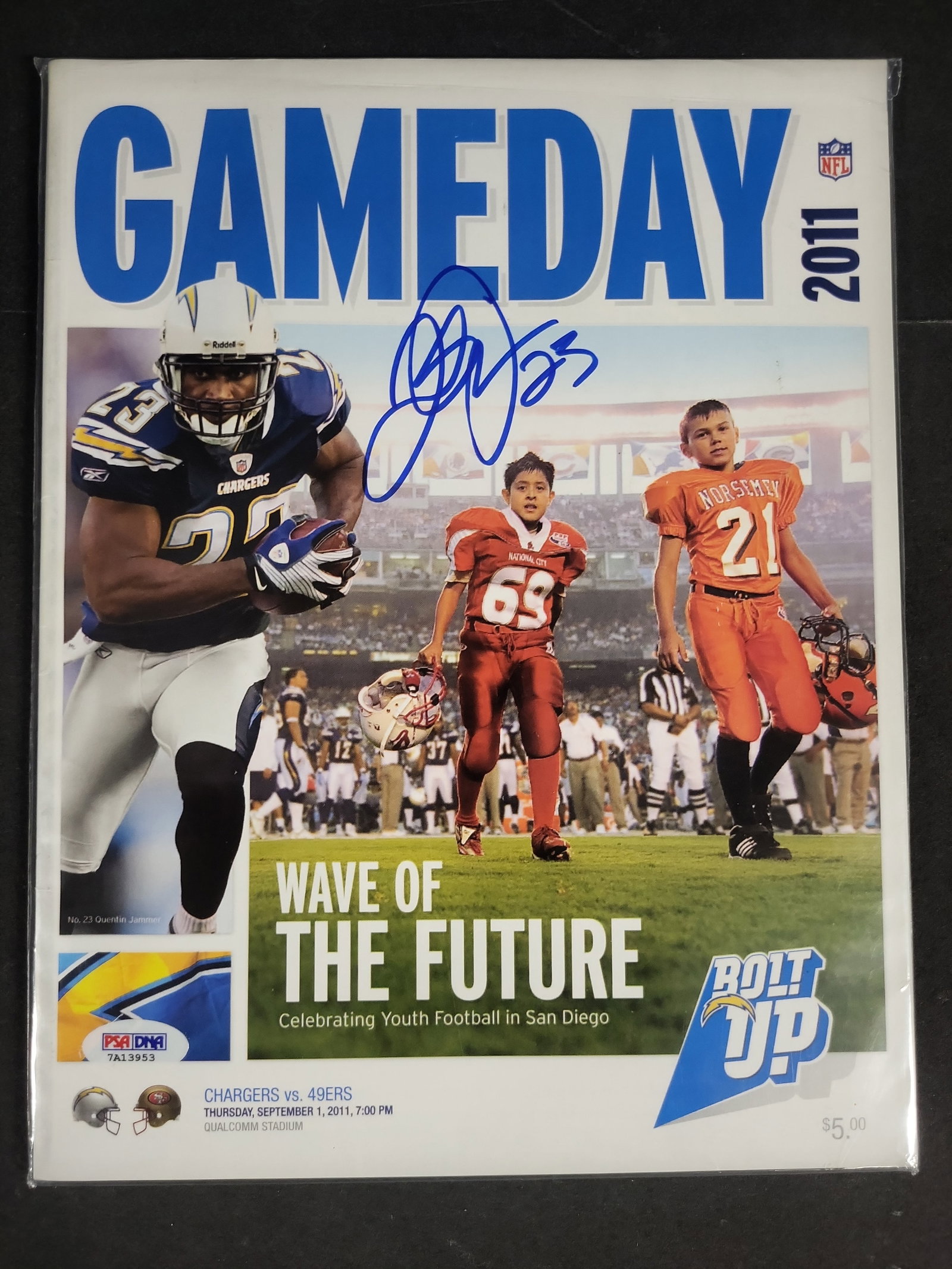 I04406 | Quentin Jammer Signed Chargers Program: IMPORTANT â€“ PLEASE REVIEW BEFORE BIDDING: Aeron House makes every effort to accurately identify and describe each lot; however, titles and descriptions may contain errors, omissions, or AI-a