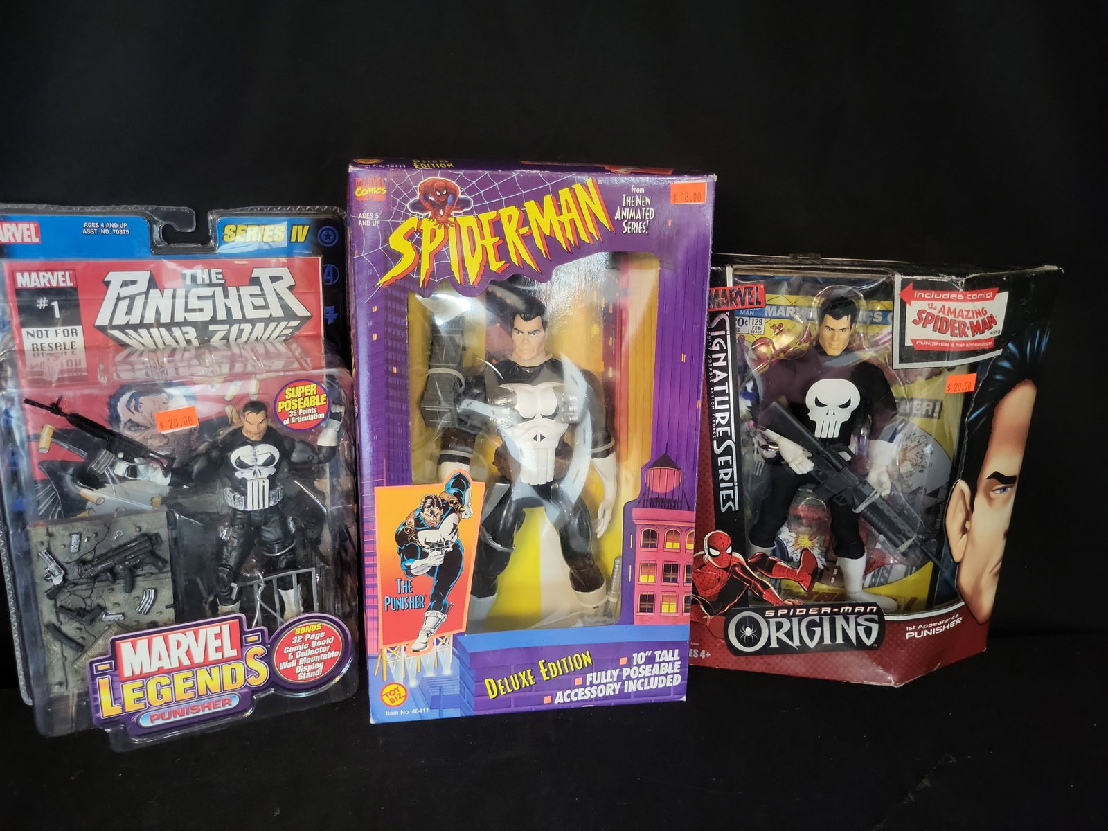 I04304 | Three Marvel Punisher Action Figures: IMPORTANT â€“ PLEASE REVIEW BEFORE BIDDING: Aeron House makes every effort to accurately identify and describe each lot; however, titles and descriptions may contain errors, omissions, or AI-a