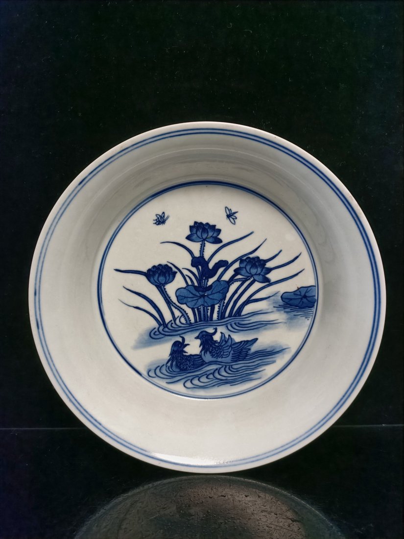 Qing Dynasty blue and white pattern plate with mandarin ducks playing in the water (1 of 7)