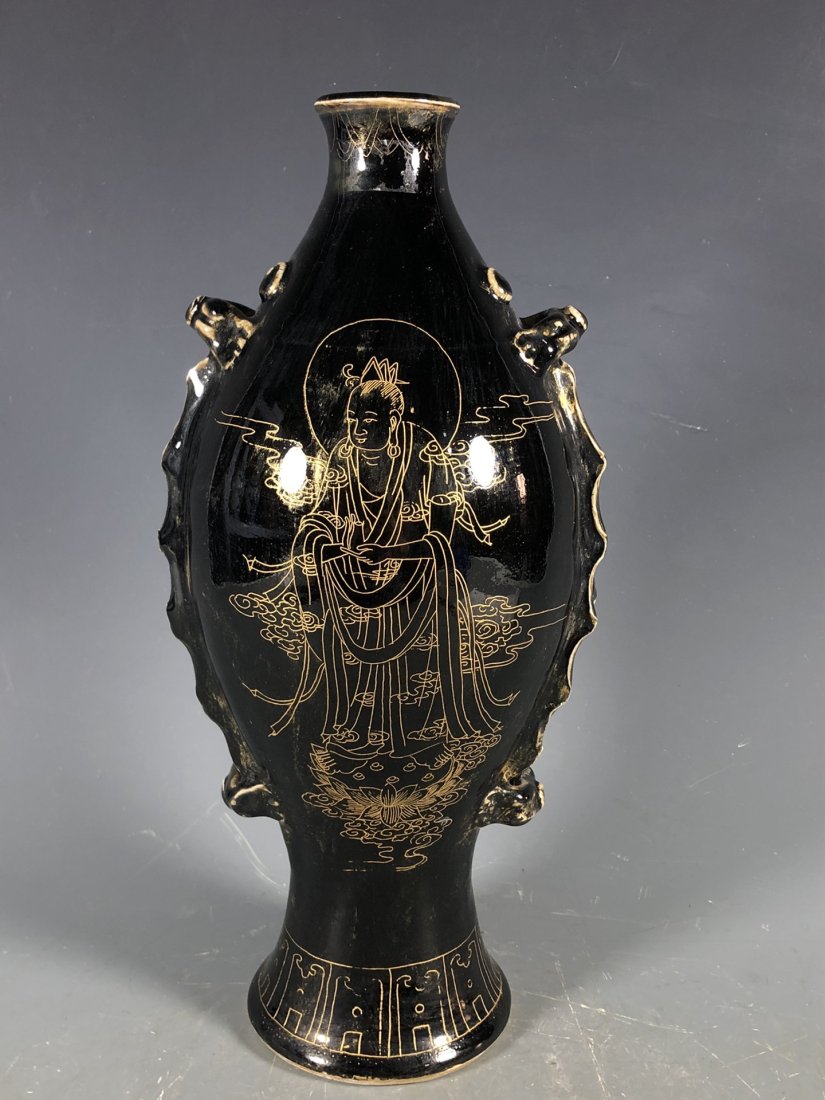 Song Ding Kiln Black Glaze Engraved Goldfish Vase (1 of 7)