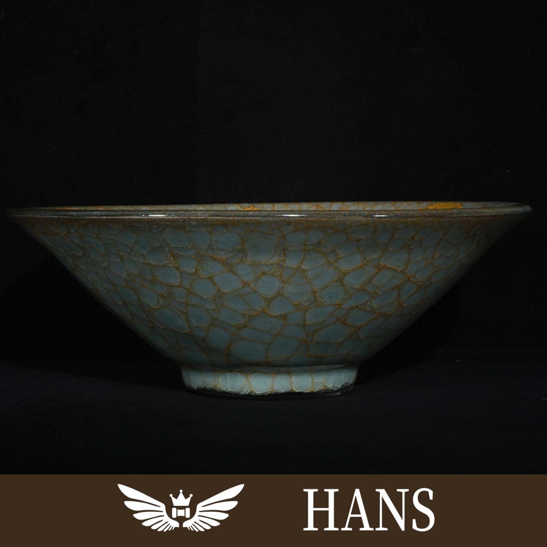 Song Dynasty official kiln ice cracked bamboo hat bowl with inscriptions and gold inscriptions with (1 of 9)