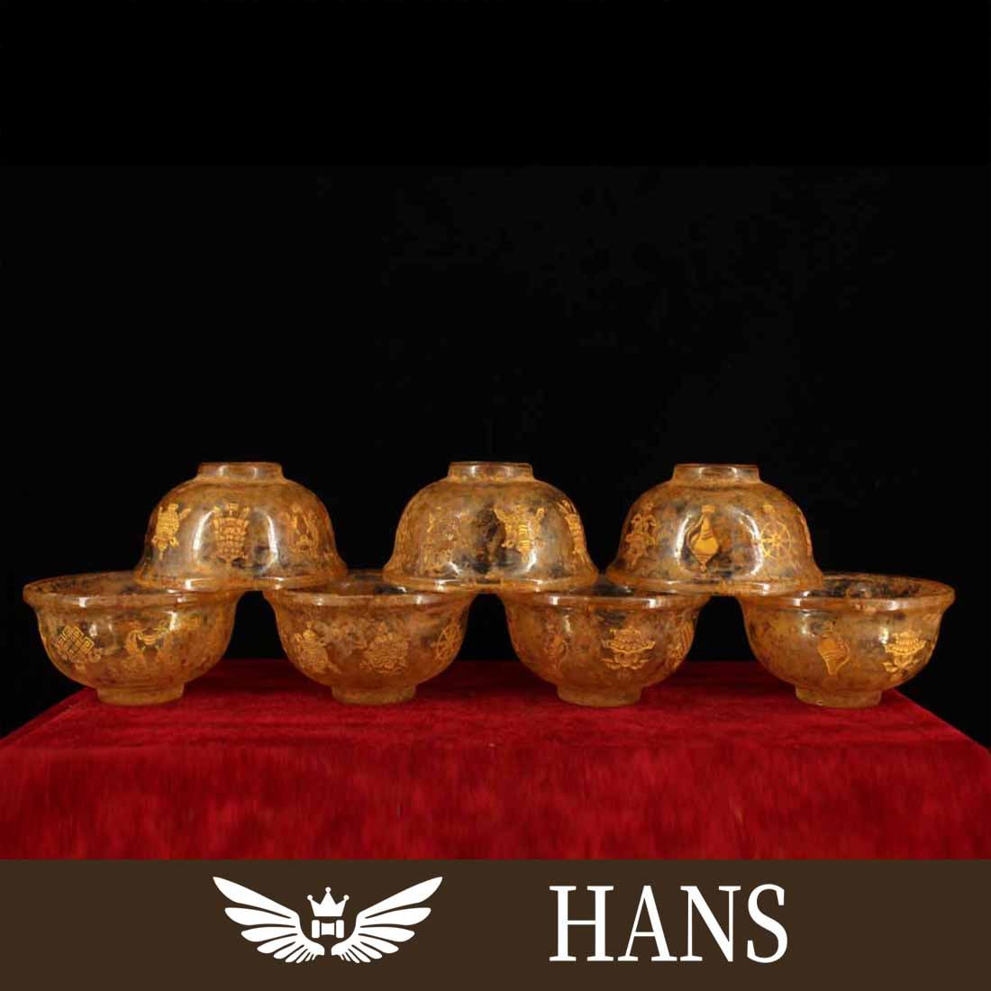 Crystal carving auspicious eight treasures painted gold offering table place water supply bowl: Crystal carving auspicious eight treasures painted gold offering table place water supply bowl High 5CM wide 9cm 150g Freight: 1.International Freight: Foreign shipping charges are determined by desti