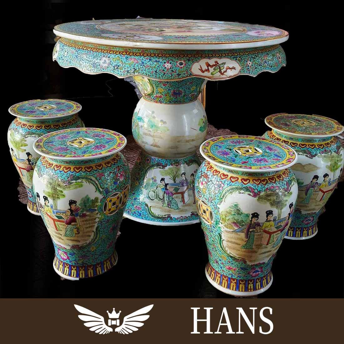 A set of hand-painted pastel tea tables with "Goddess of Flowers presenting auspiciousness" pattern,: A set of hand-painted pastel tea tables with "Goddess of Flowers presenting auspiciousness" pattern, Qianlong Period, Qing DynastyExquisite craftsmanship, thick coating, beautiful appearance, complete