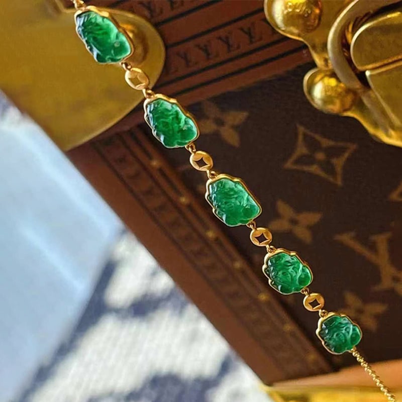 18K Gold Full Green Jade Pixiu Bracelet (1 of 3)