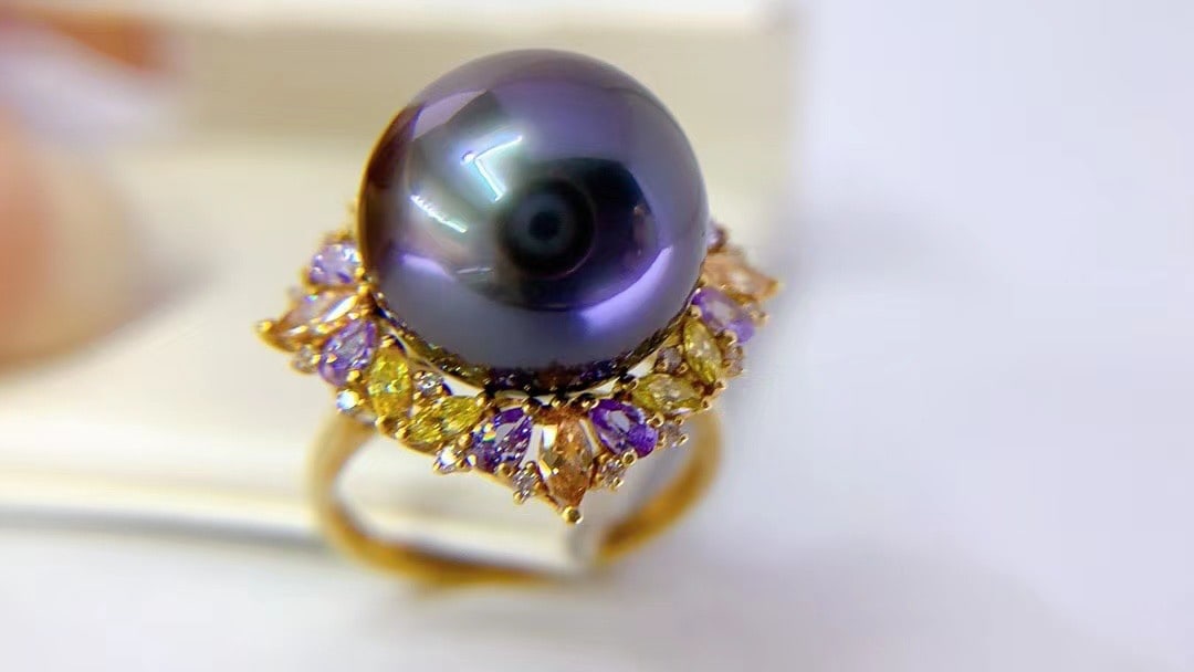 925 sterling silver colored gemstone high-grade black pearl ring (1 of 5)