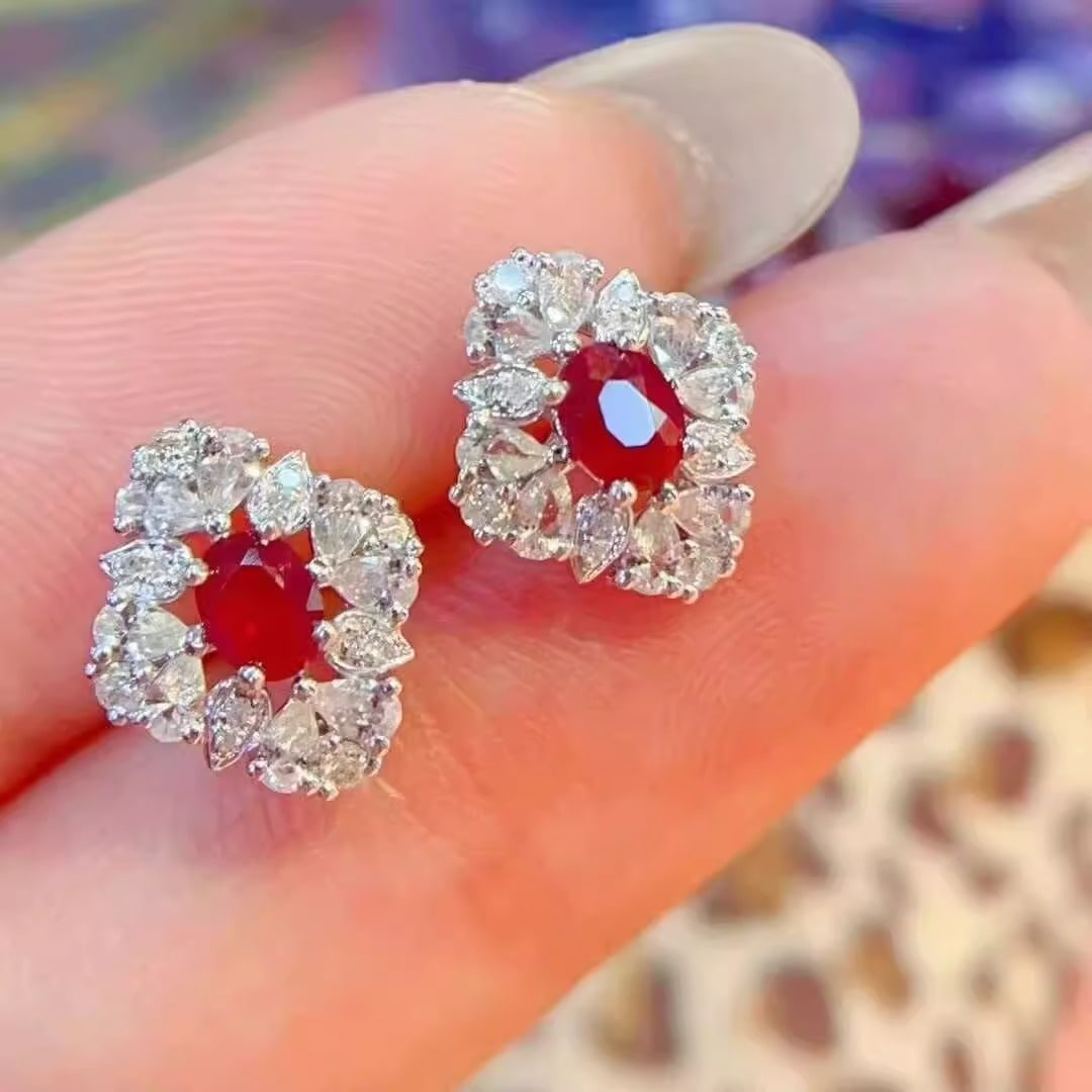 18K white gold inlaid diamond white sapphire natural pigeon blood red ruby earrings (1 of 2)