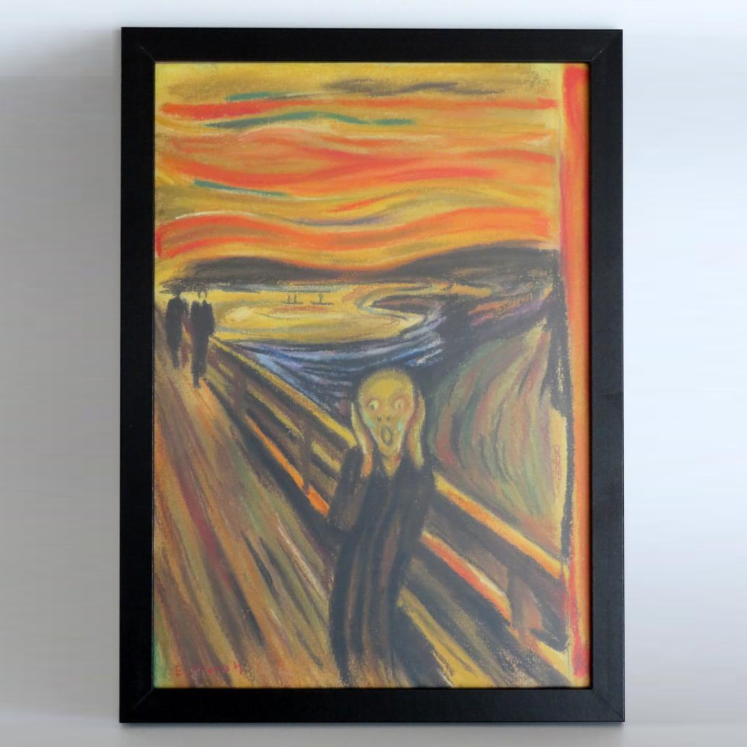 The Scream by Edvard Munch, mixed media, oil painting, watercolor, hand drawing: The Scream by Edvard Munch, mixed media, oil painting, watercolor, hand drawing. Dimensions (without frame)30 cm x 21 cmDimensions (with frame)33 cm x 24 cmPlease note that use and storage may cause s