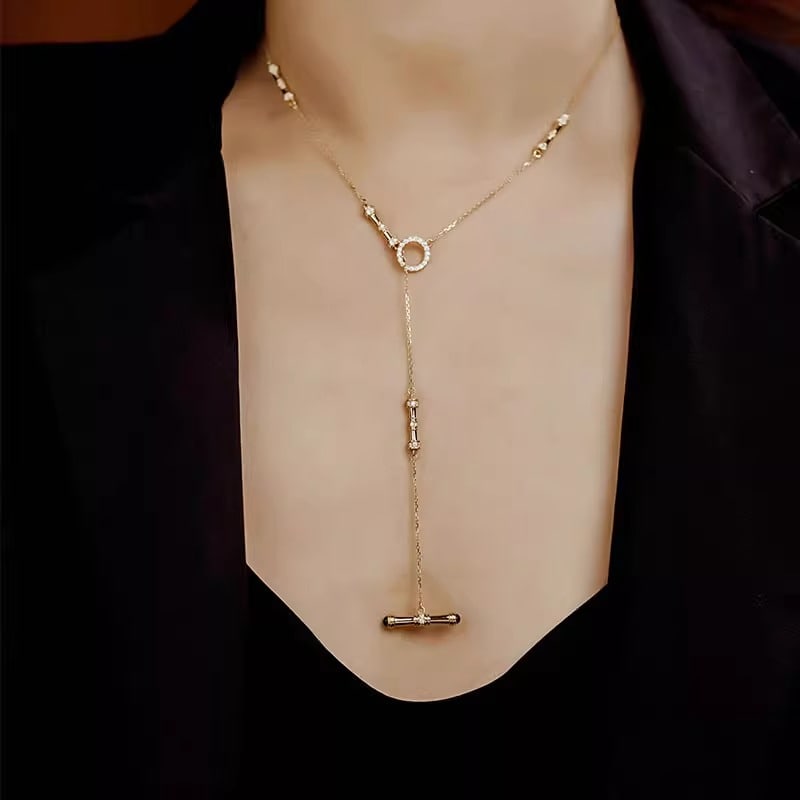 Pure 18K Gold Balance Beam Necklace Y-Shaped Chain Emerald (1 of 3)