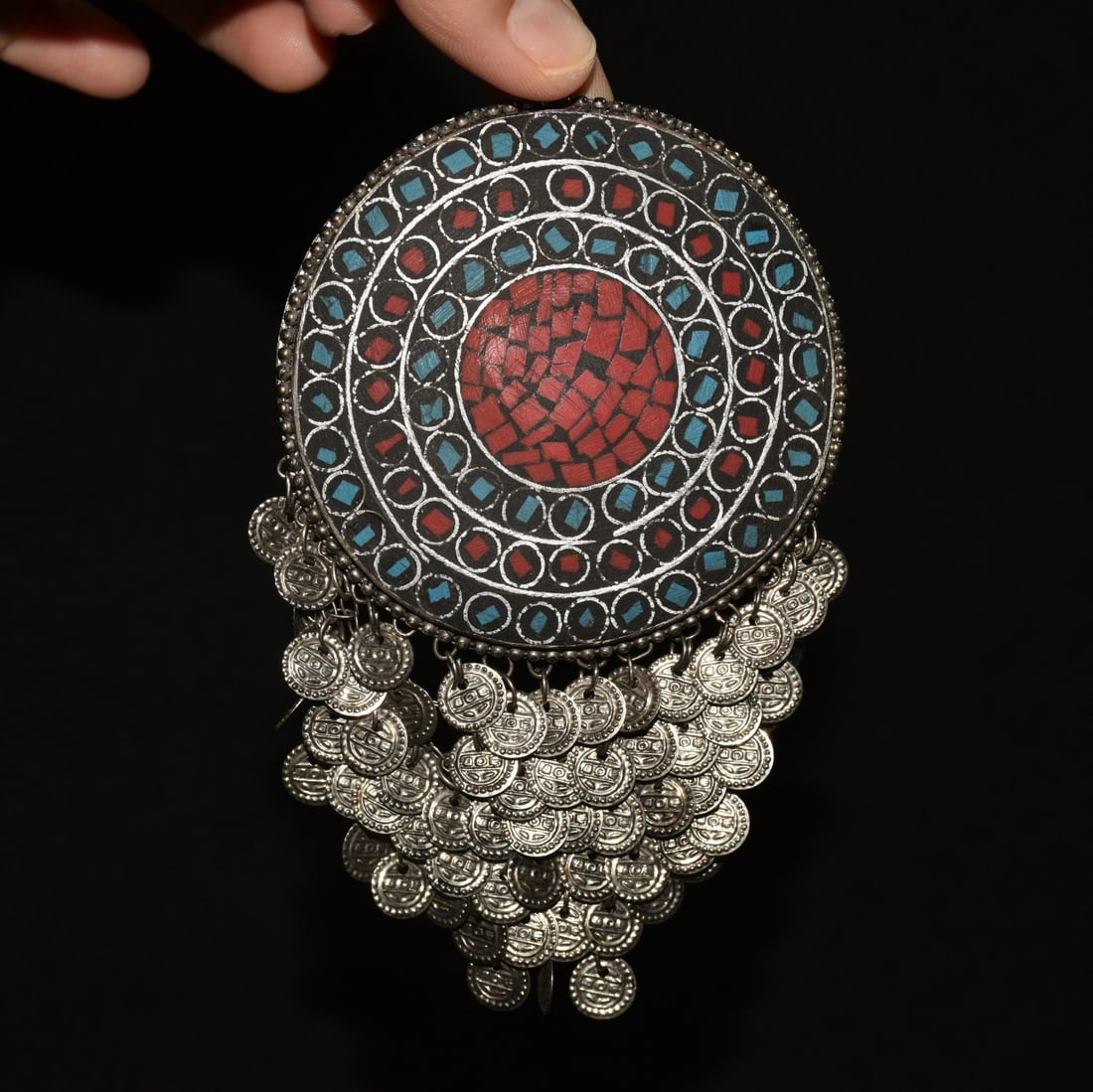 White Copper Pendant Inlaid with Turquoise and Red Pine (1 of 9)