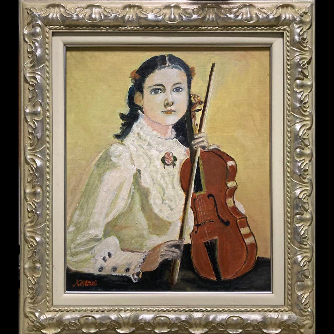 Violin and girl oil painting: Artist: K. Katani Title: Girl Playing the Violin Style: Oil Painting Drawing Only Color: Light Colors Subject: Girl with Violin Outfit: White Shirt and Flower Brooch Freight: 1.International Freight: