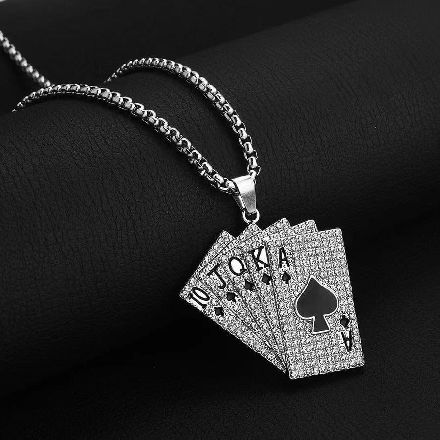 Fashion Silver Necklace with Playing Cards: This silver necklace, reaching a length of 70 centimeters, is uniquely stylish. The pendant, designed in the shape of playing cards, features an all-spades straight flush that is cool and eye-catching
