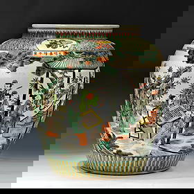 Ming Dynasty style pot for guqin, chess, poetry, and painting: A Ming Dynasty-style, five-color, panoramic jar featuring the story of the Eighteen Scholars, depicting them as masters of music, chess, poetry, and painting. The Jiajing and Wanli periods marked the