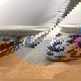 Ming Dynasty style blue and white dragon pattern basin: Ming dynasty style blue and white dragon pattern basin, height 13.6cm, diameter 32cm, with a thick body. The blue and white dragon pattern is lifelike, the glaze has natural crackles, and the conditio