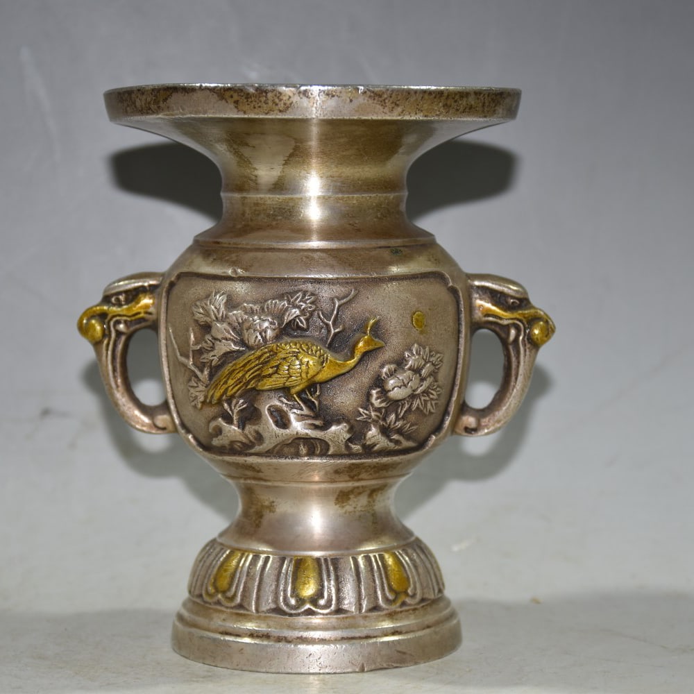 Bai Tong Gilt Double Dragon Eared Vase with Birds and Flowers (1 of 9)