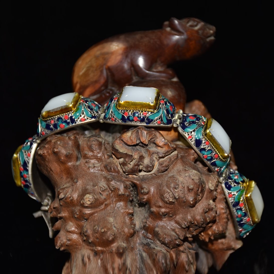 Pure white copper inlaid with white jade cloisonné square bracelet (1 of 9)