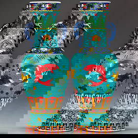 A pair of Ming dynasty style vases with elephant trunk handles: Mid-to-late Ming Dynasty style. A pair of cloisonné enamel / enamel painted 'Lotus Pond and Fish Algae' pattern elephant-ear vases. The vases are exquisitely crafted with a beautiful design, featurin