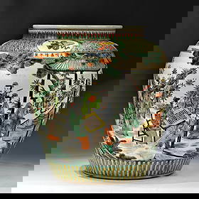 Ming dynasty style 'zither, chess, poetry, painting' figure story patterned jar.: The 'Daming style' Jiajing period polychrome landscape jar with the theme of 'Eighteen Scholars/Bamboo, Chess, Poetry, and Painting'. During the Jiajing and Wanli periods, polychrome porcelain reached