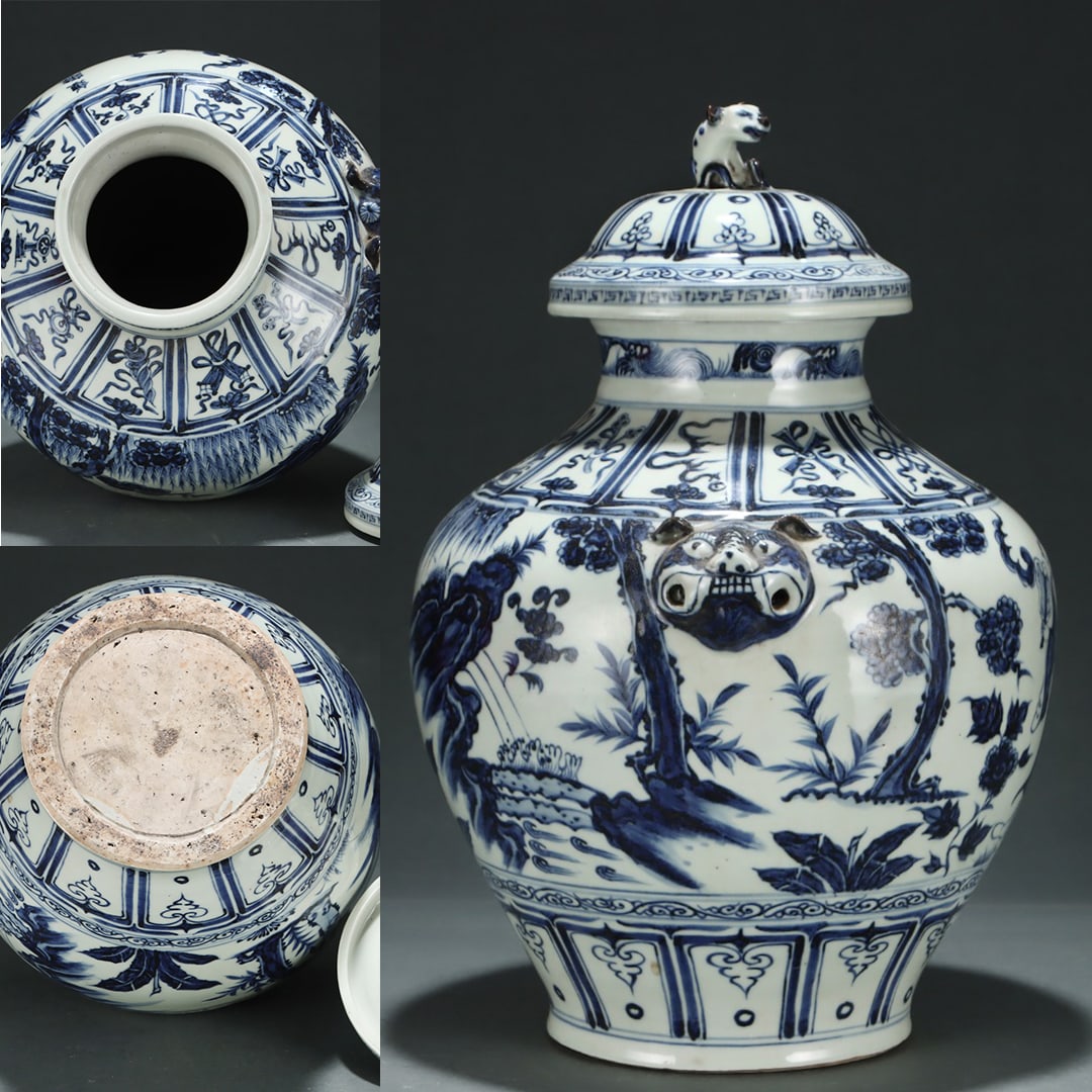 Ming Dynasty-style blue and white porcelain vase with Eight Immortals figures: An old collection of Yuan Dynasty style blue and white porcelain with figures of Zhongli Quan and the Eight Immortals, with a dog's head cover, by Giuseppe Castiglione - a fine silk painting with the