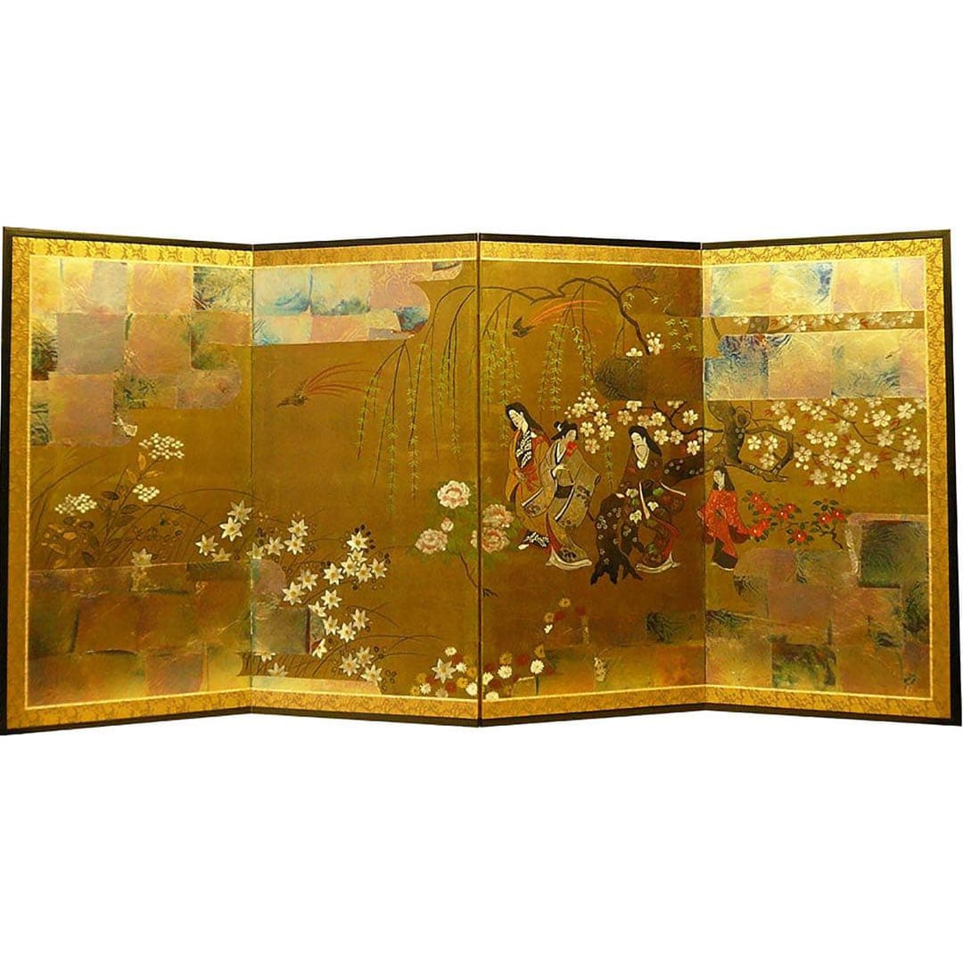 Four-fold screen, Yukika Japanese painting, gold leaf coloring, floating world flower viewing (1 of 9)