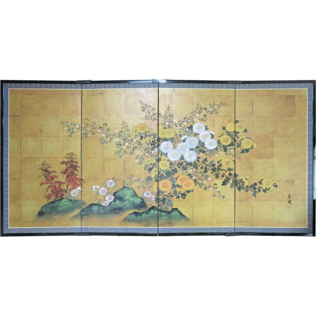 Four-fold screen, Japanese painting, gold leaf, Oman chrysanthemum (1 of 10)