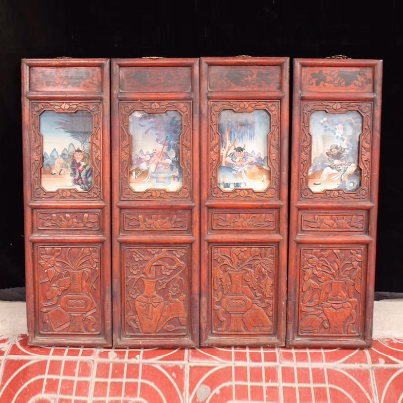 Old Wooden Frame Glass Painting Four Hanging Screens (1 of 9)