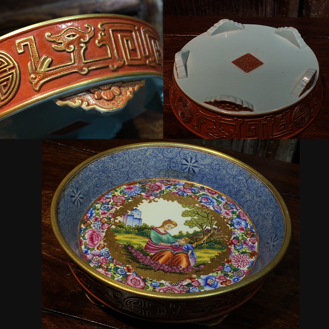 Open Window Western Figures and Flowers Plate: Enamel porcelain coral red glaze open window Western figures and flowers plate. Western figures, whorl pattern, gold-leafed interlocking branches of lotus flowers, hundred flowers not falling, fine wo