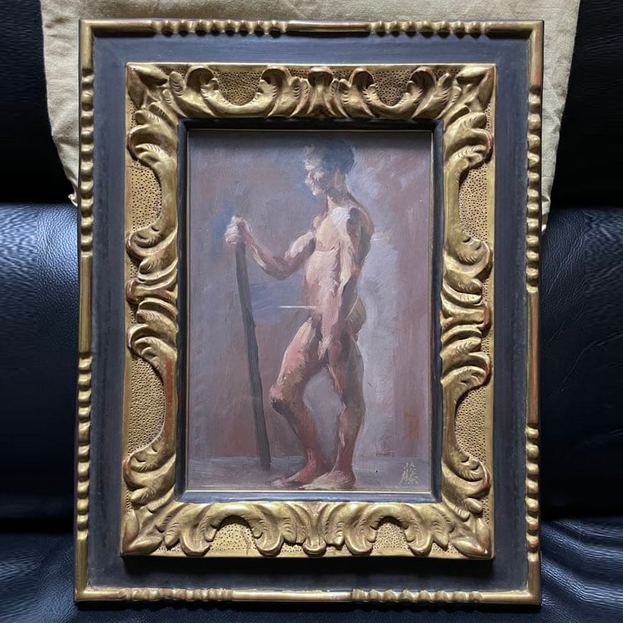 Yoshika Fujita, oil painting: Yoshikazu Fujita, Oil on canvas, Nude Study, created in EuropeProduct Description: A nude study by Yoshikazu Fujita, framed in a decorative frame, approximately 35cm x 28cm.- Frame Design: Decorative