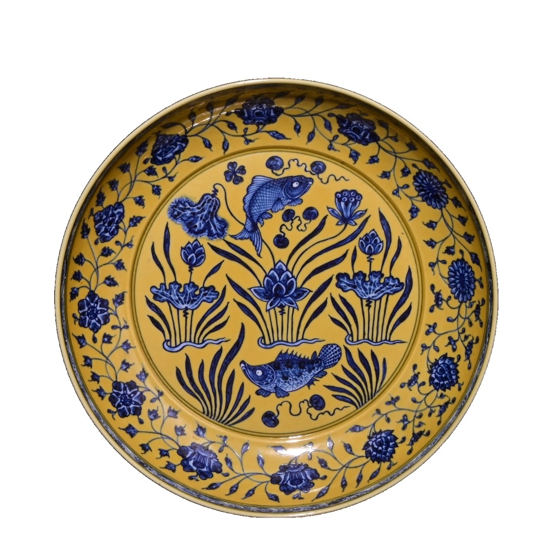 Ming dynasty style Yongle period yellow-glazed blue and white fish algae design Appreciation Plate (1 of 10)
