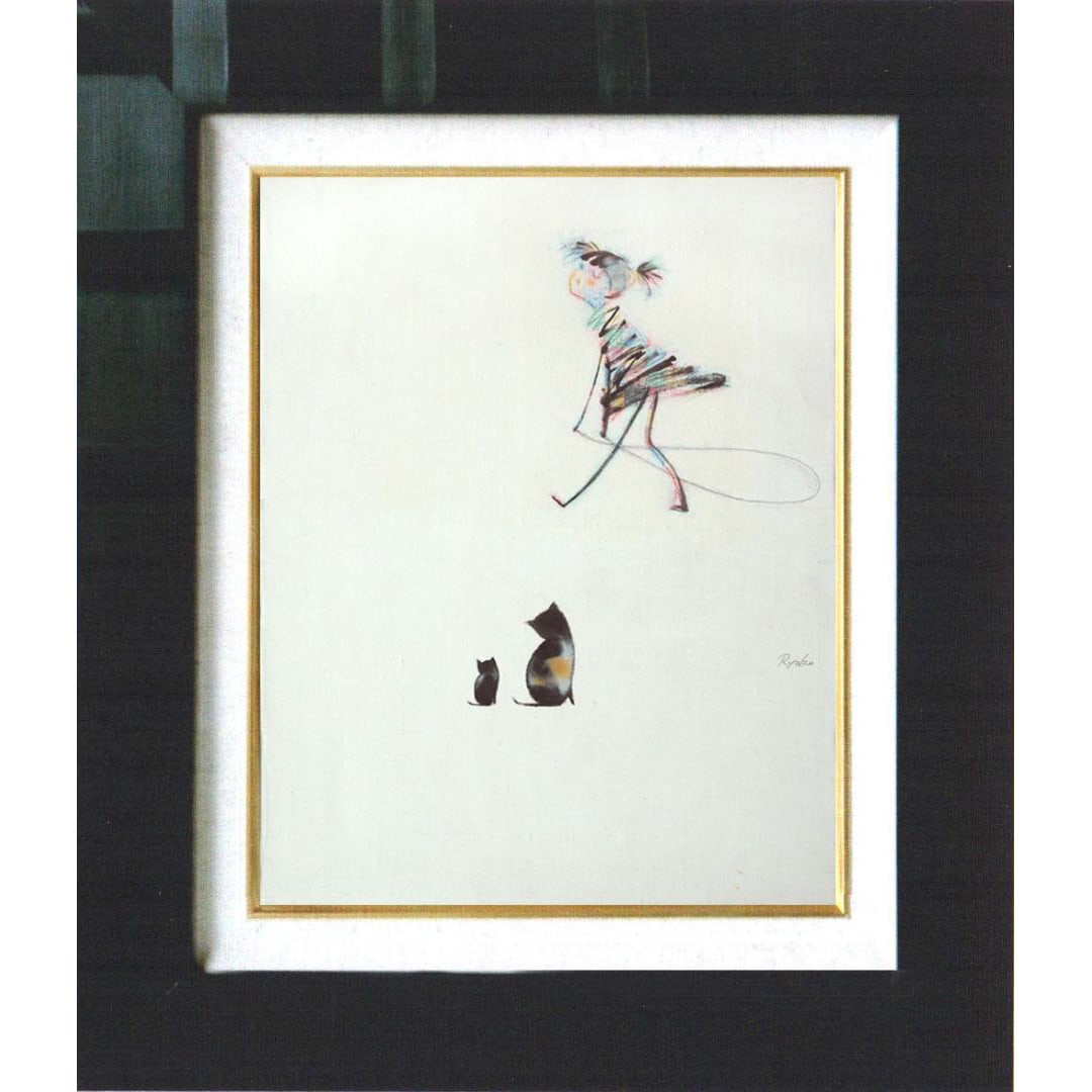 Riko Sugaya Oil Painting, 'Mother and Child Cats with a Girl' (1 of 5)