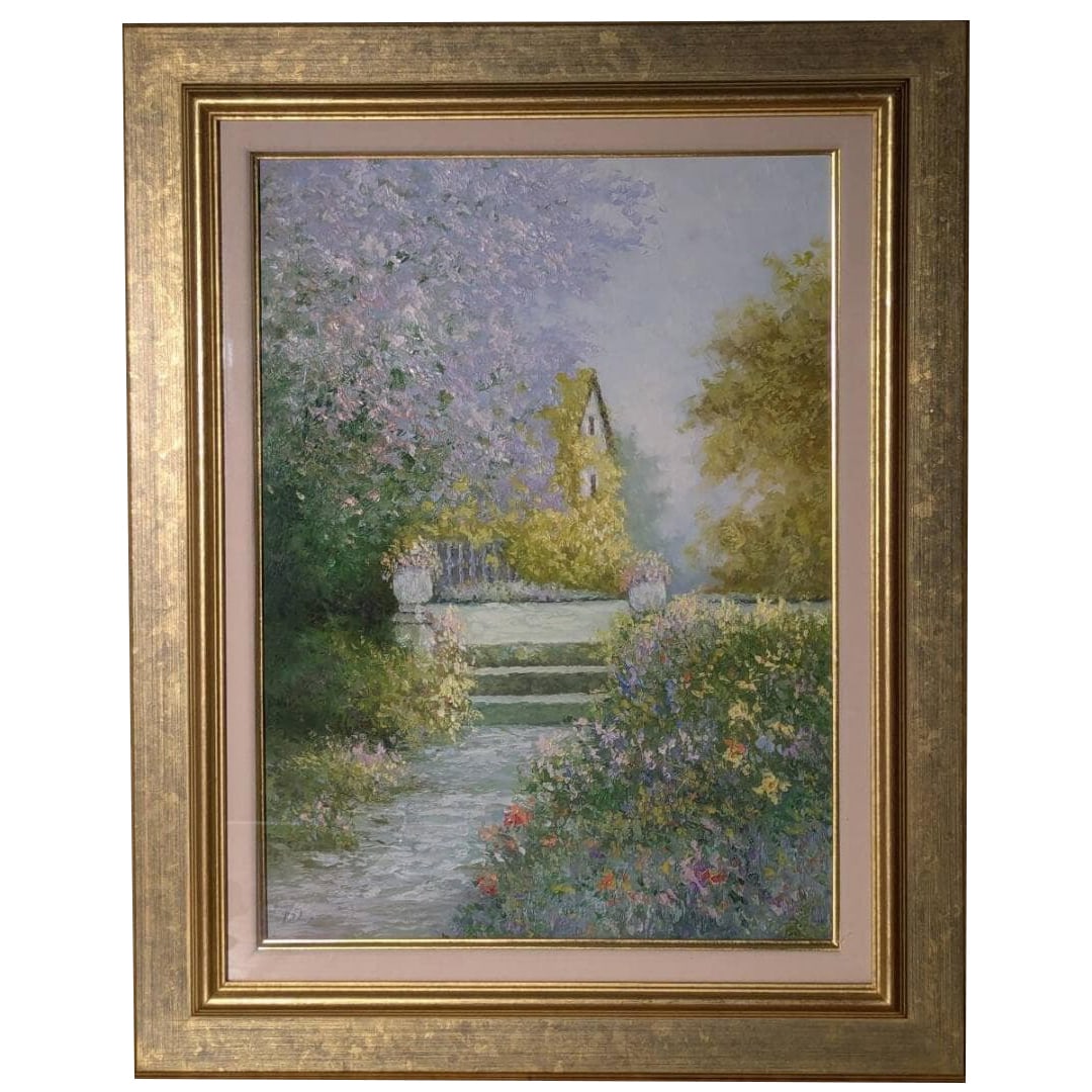 Juedelin oil painting, 'Sunlight, Path of Light': Juedelin oil painting, 'Sunshine, Road of Light', boxed, yellow bagProduct DescriptionFrame size: approximately 48 x 60Art size: approximately 33 x 46Includes an acrylic panel.No significant scratches