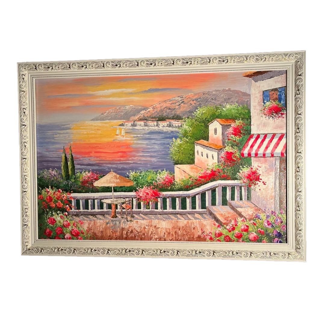 Hand-painted Mediterranean landscape oil painting, framed, interior decorative oil painting: Hand-painted Mediterranean landscape oil painting, with frame, for interior decorationProduct DescriptionExtra large masterpiece hand-painted Mediterranean landscape oil painting, with frame, for inte