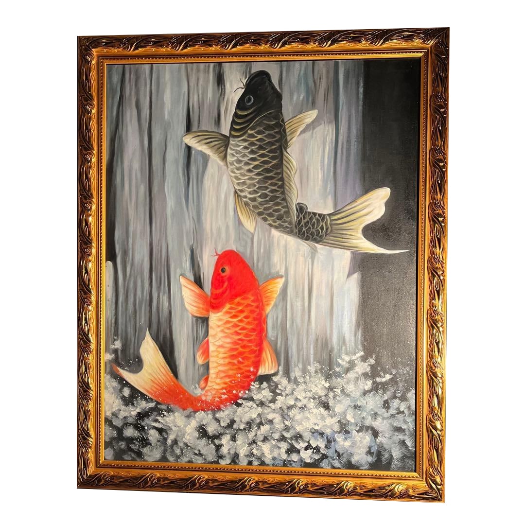 Large hand-painted oil painting depicting koi climbing a waterfall (1 of 11)