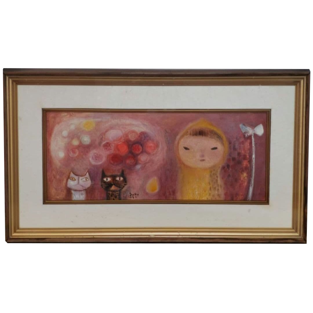 Hamada Hiroko's oil painting: figures and cats (1 of 8)