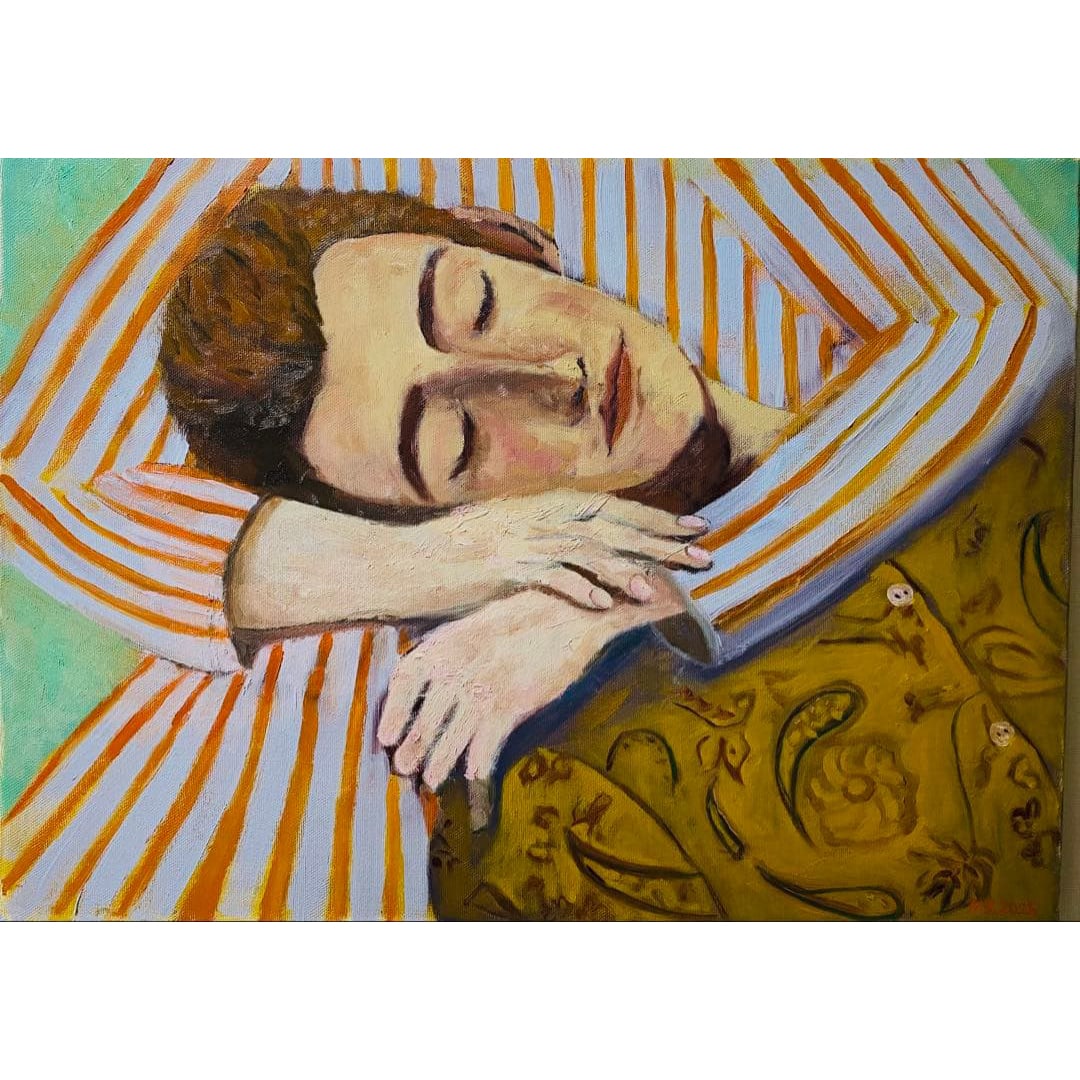 Man Embracing P8 Oil Painting Figure: Man Embracing, Oil on CanvasProduct DescriptionThis is a one-of-a-kind original handcrafted item."The Embrace"Love and Relaxation are the themesThis piece is part of the series with the Cherry Blossom