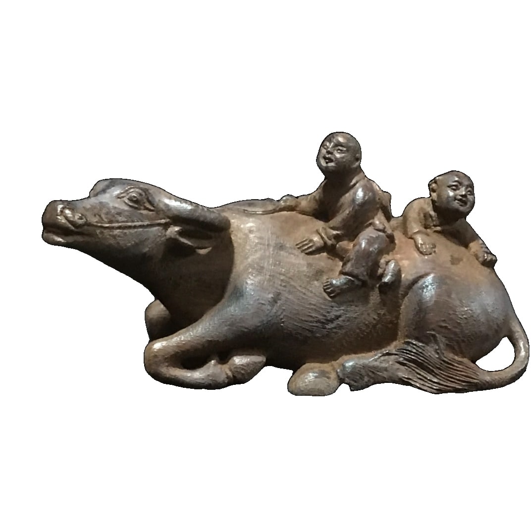 Sandalwood Carved Boy Playing with Ox Ornament (1 of 10)