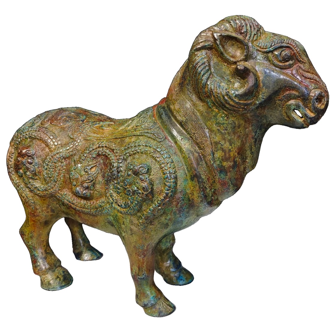 Zhou Bronze Ritual Vessel 'Pan Chi Dragon Pattern Sheep' Sacrificial Item: Bronze Ritual Vessels from Zhou DynastyThe 'Pánchí Yang' is a sacrificial item. In the hearts of ancient people, the sheep occupied an important position and was endowed with cultural meanings and s