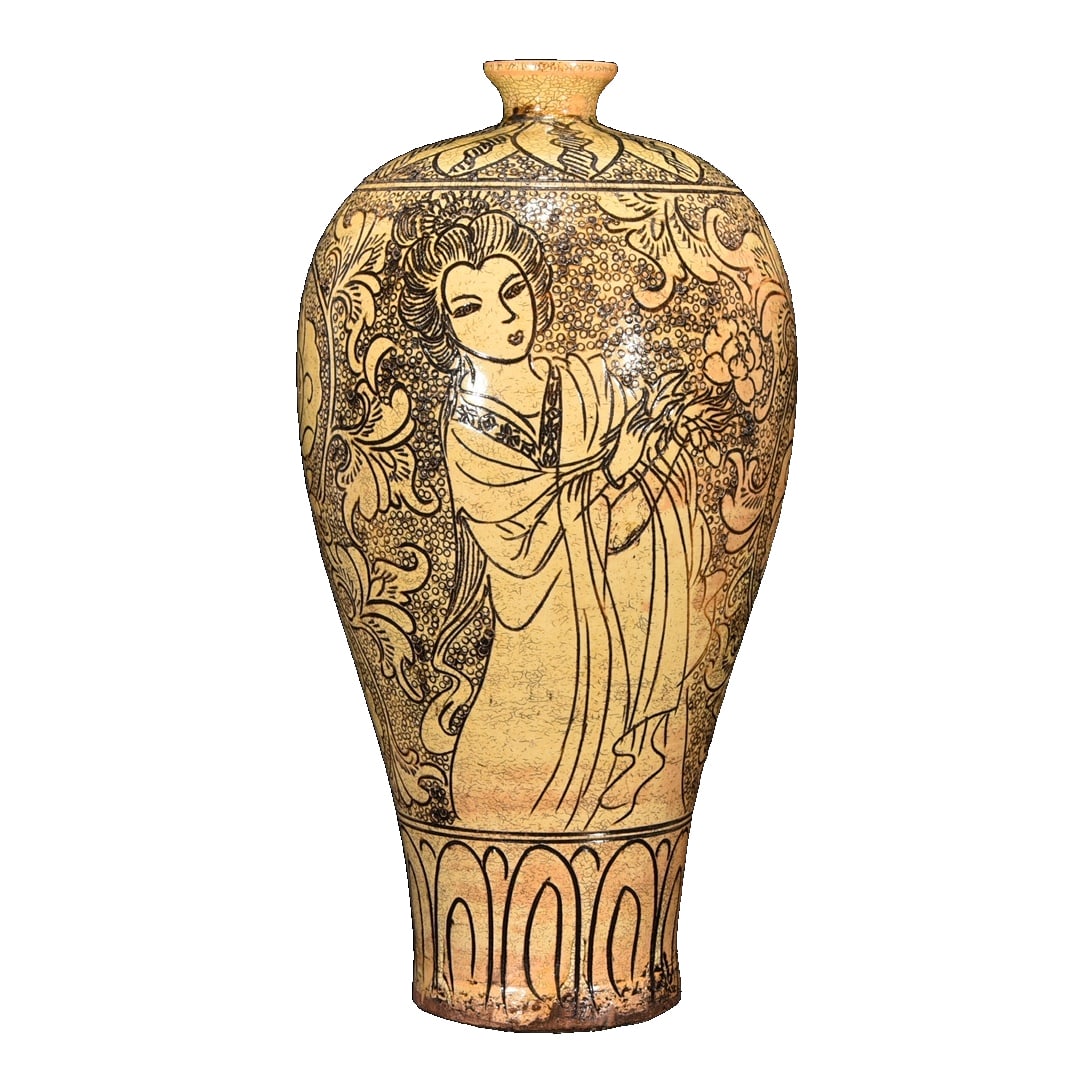 Pearl-Ground Engraved Maiden Plum Vase from Cizhou Kiln: This Cizhou ware lady's meiping with a pearl-ground measures 37 centimeters in height and 17 centimeters in diameter, showcasing the elegant charm of ancient Central Plains. The body is slender with